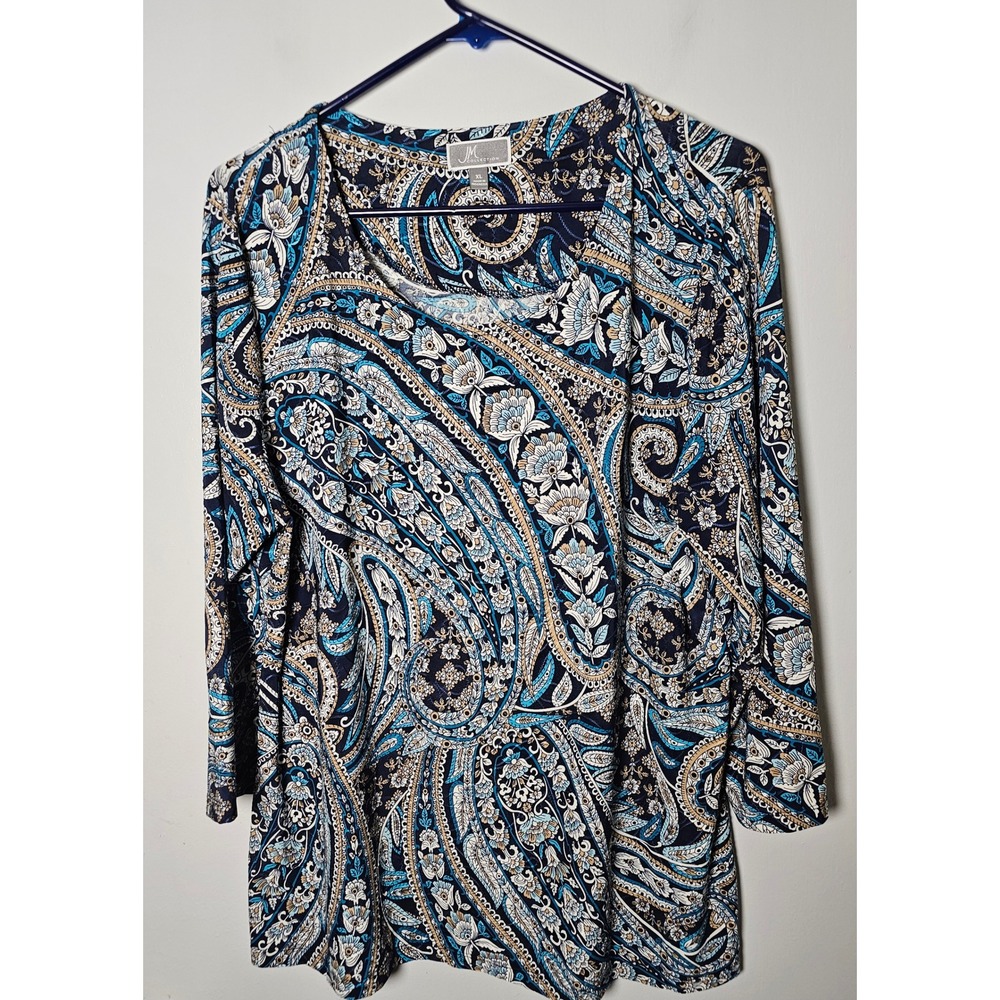 JM Collection Womens Sz XL Paisley Floral Stretch Scoop Neck Boho Blouse Top